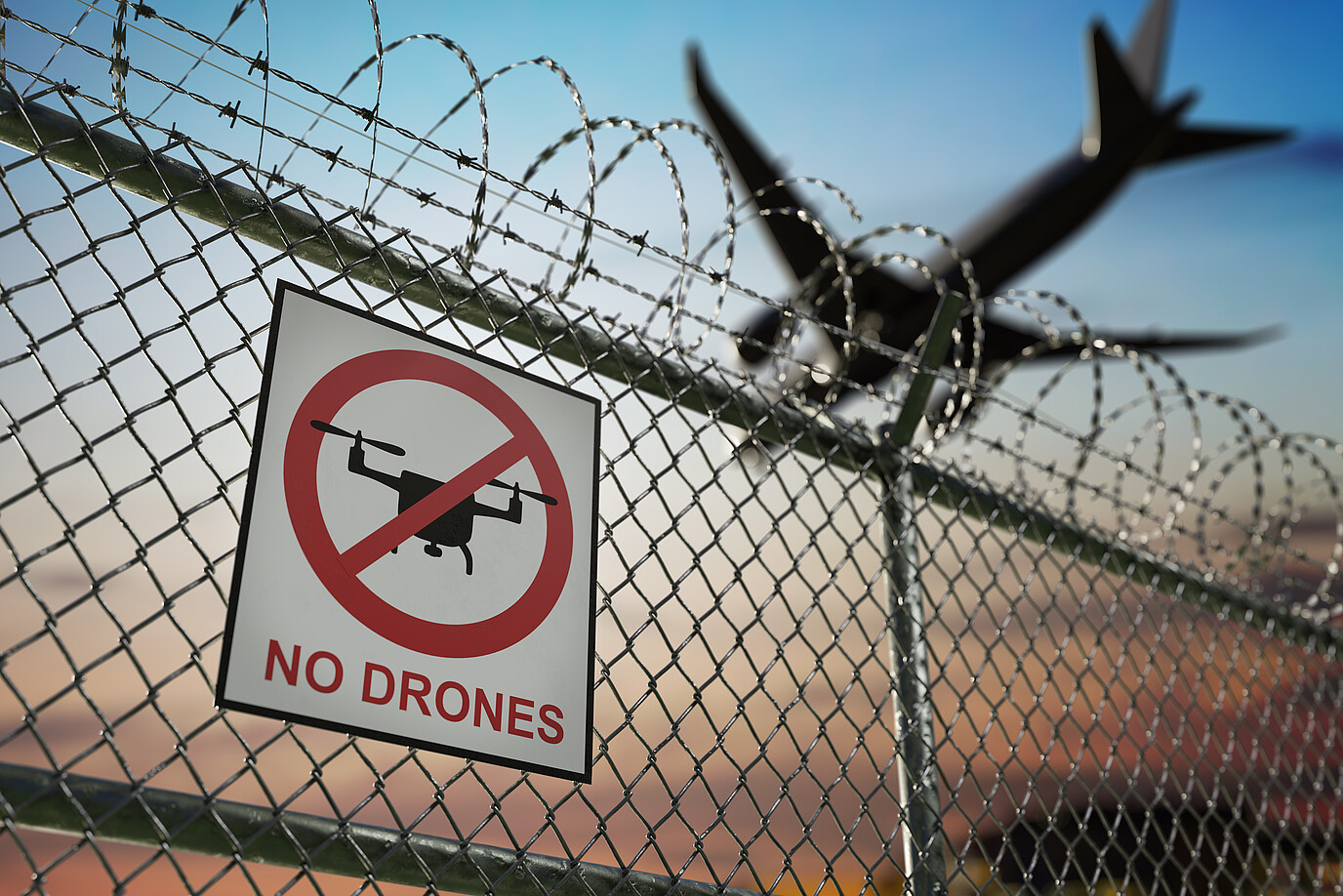 Ein Drohnen-Verbotsschild, das vor einem Flughafen angebracht ist. 