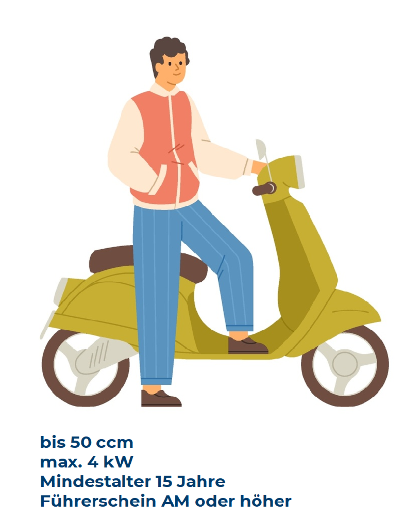 Illustration von einem jungen Mann, der vor einem Moped steht