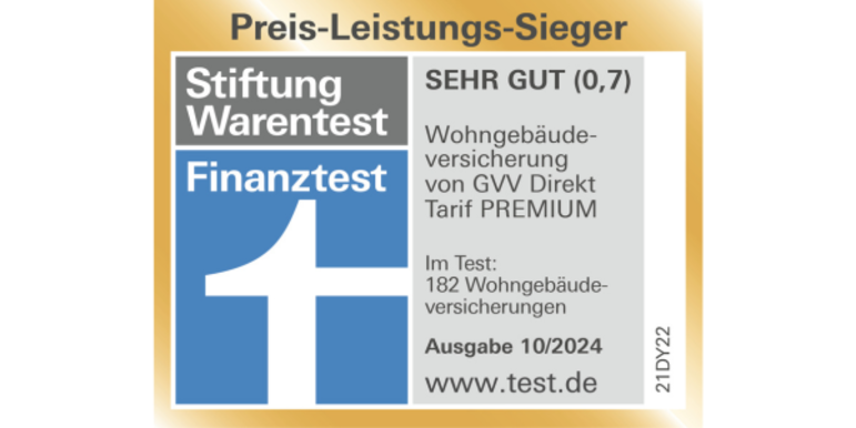 Testsiegel von Stiftung Warentest: Wohngebäudeversicherung im PREMIUM-Tarif von GVV Direkt ist ausgezeichnet mit der Note Sehr gut