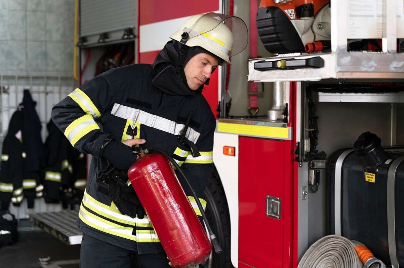 Feuerwehrmann hebt einen Feuerwehrlöscher ins Feuerwehrfahrzeug