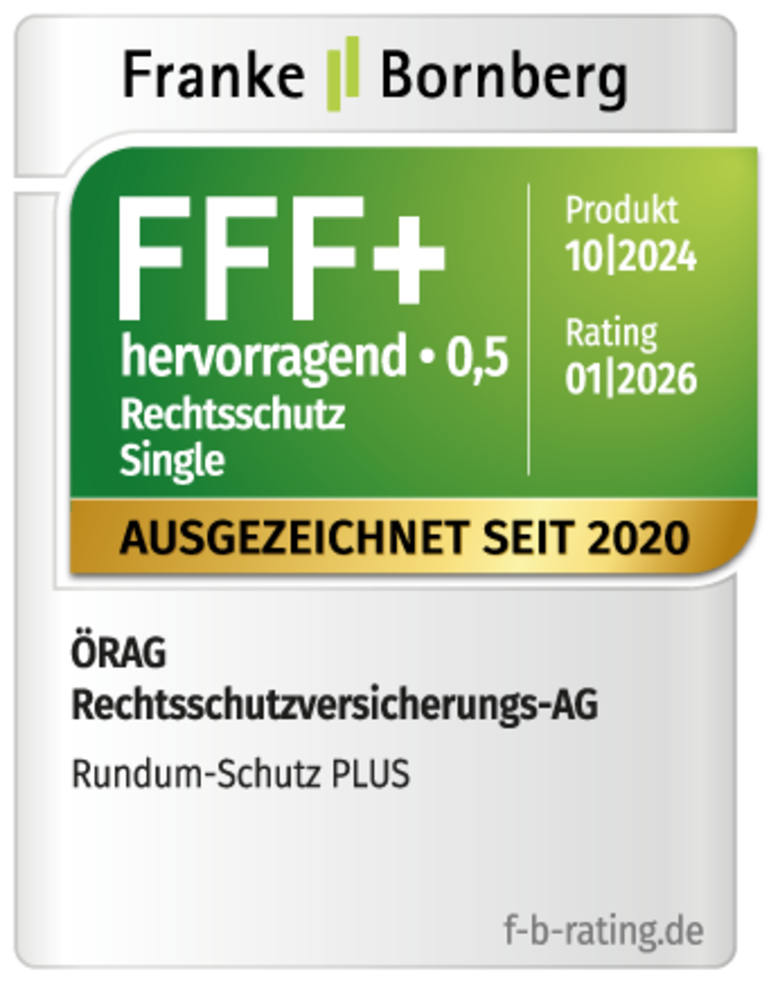 Testsiegel von Franke und Bornberg für den Rechtsschutz im Single-Tarif von Örag mit der Bestnote FFF+