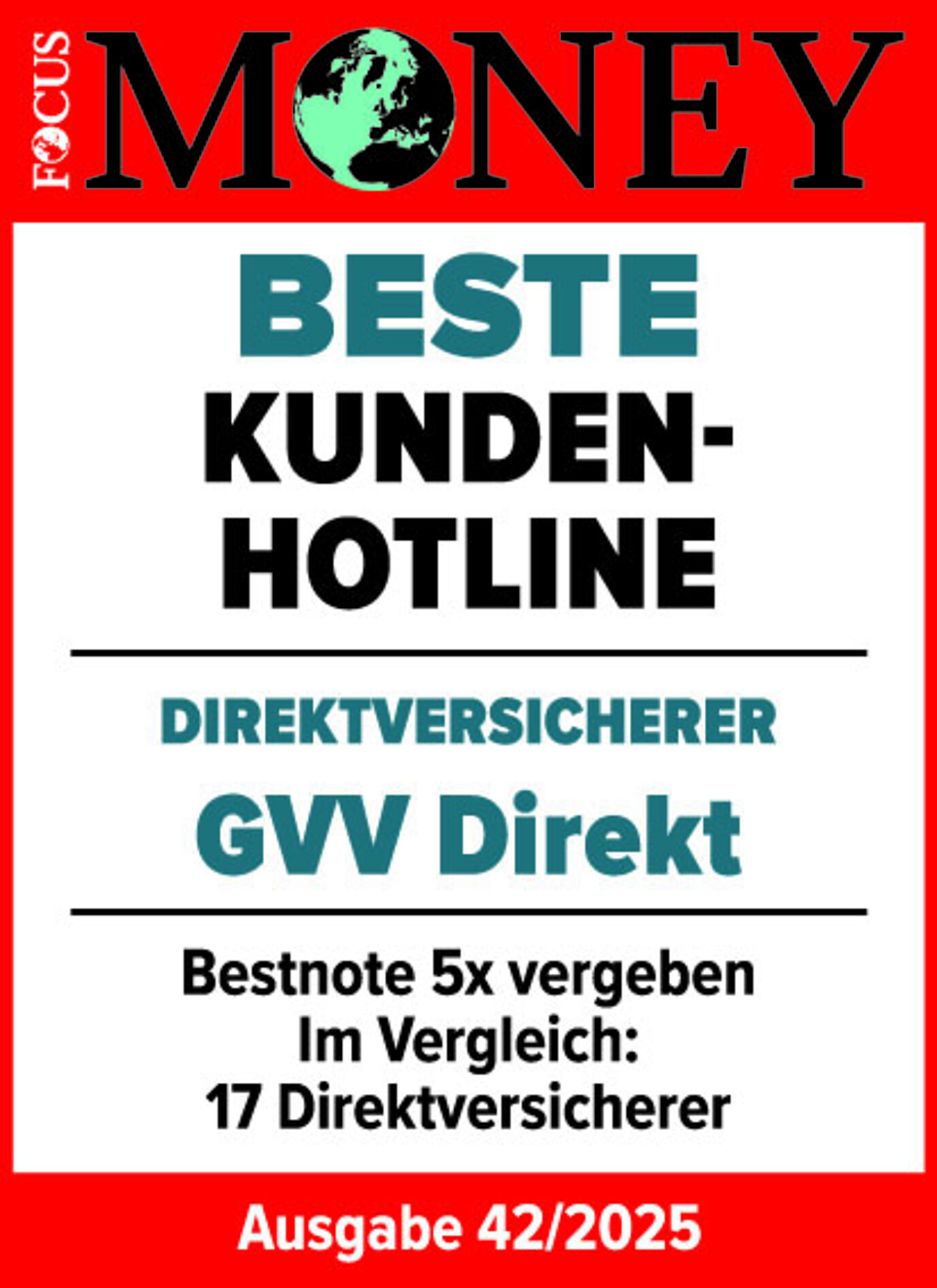 Testsiegel von Focus Money mit der Auszeichnung Beste Kunden-Hotline