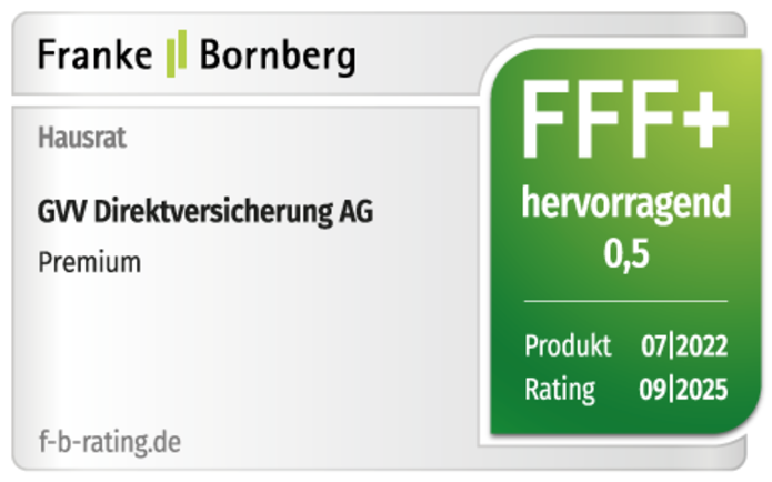 Testsiegel Franke und Bornberg mit Note Hervorragend 0,5 für den PREMIUM-Tarif der Hausratversicherung