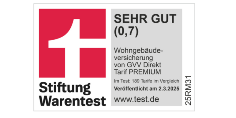 Testsiegel Stiftung Warentest mit Note SEHR GUT 0,7 für den PREMIUM-Tarif der Wohngebäudeversicherung von GVV Direkt