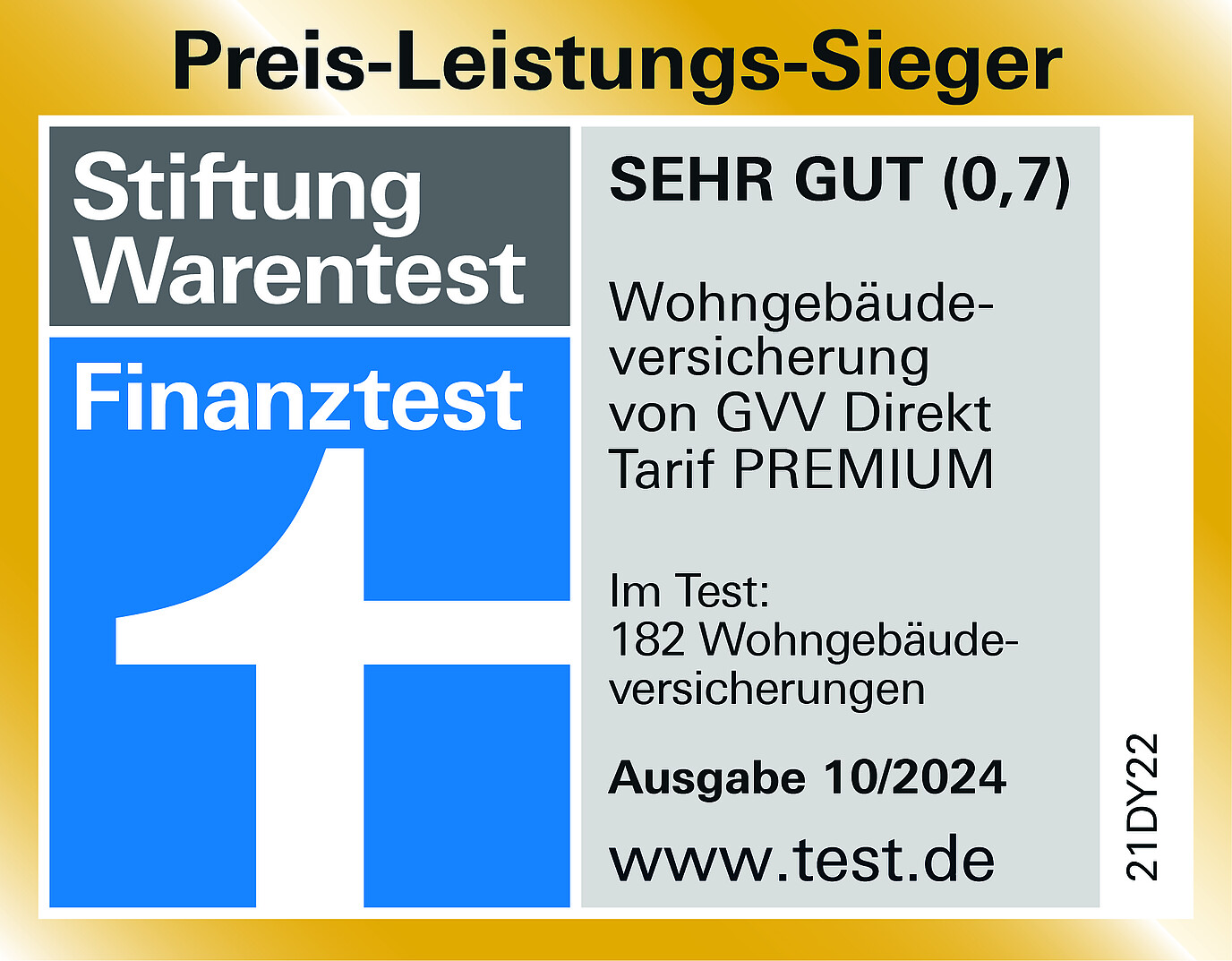 Testsiegel von Stiftung Warentest: Wohngebäudeversicherung im PREMIUM-Tarif von GVV Direkt ist ausgezeichnet mit der Note Sehr gut