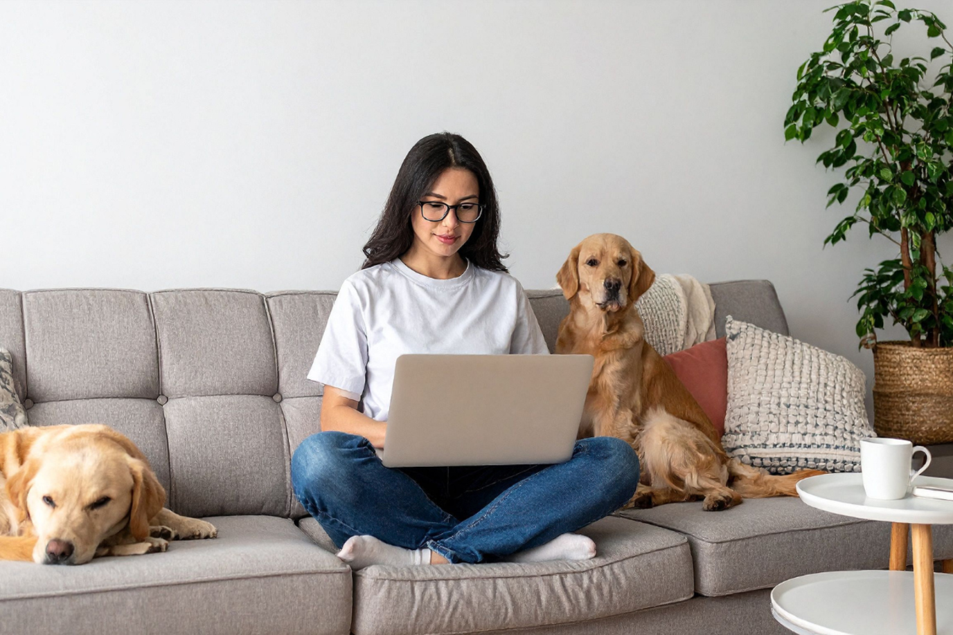 Frau am Laptop Frau sitzt auf dem Sofa im Wohnzimmer und ist am Laptop; zwei Hunde sitzen neben ihr