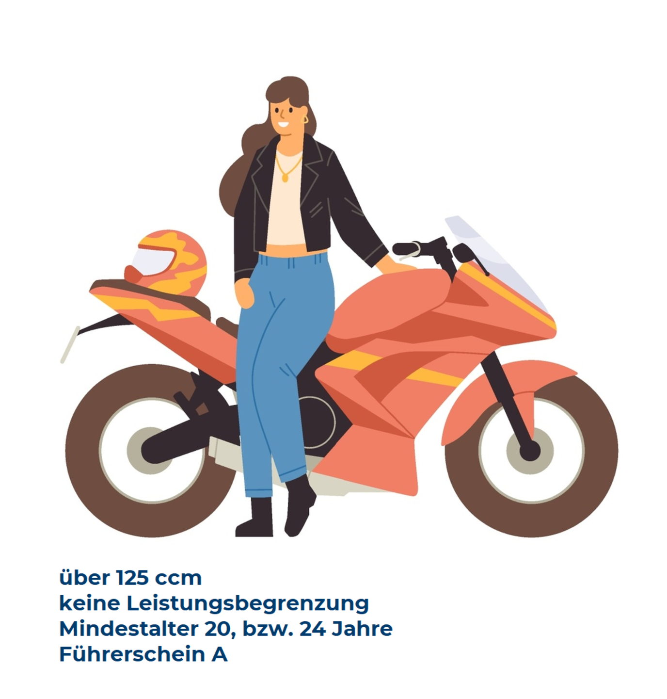 Illustration von einer Frau, die vor einem Motorrad steht