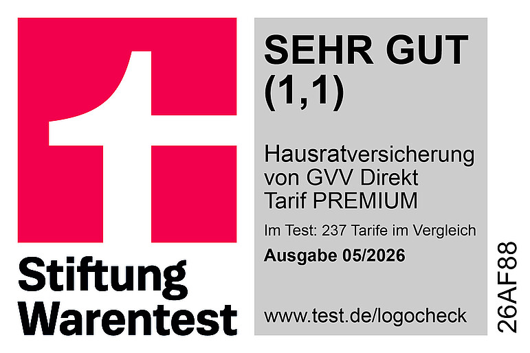 Testsiegel Hausratversicherung von Stiftung Warentest mit Note SEHR GUT (1,1)