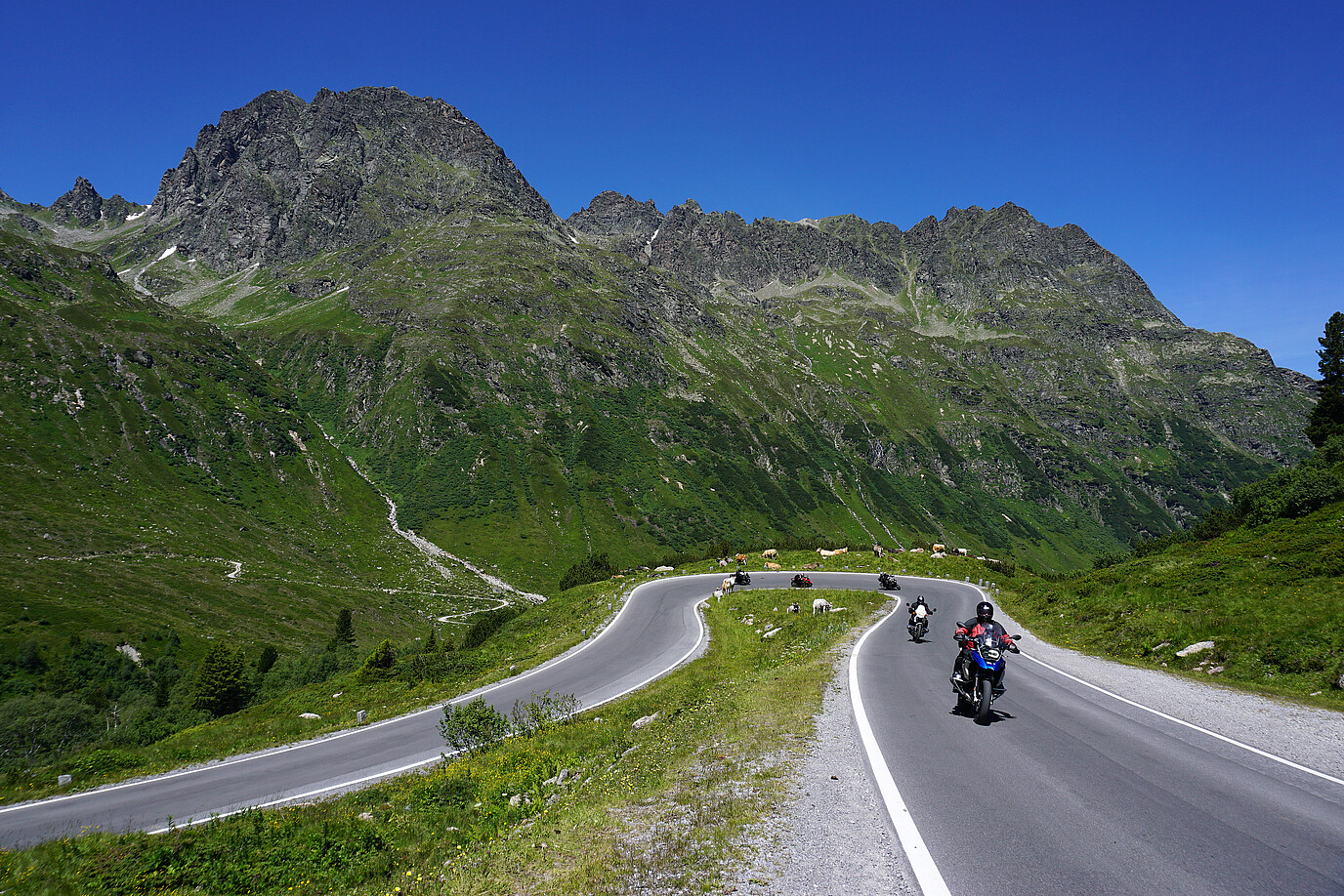Fünf Personen fahren in den Alpen Motorrad