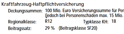 Kfz-Rechnung mit Fokus auf der Kfz-Haftpflichtversicherung; im Ausschnitt sieht man die Deckungssumme, die Regionalklasse und den Beitragssatz