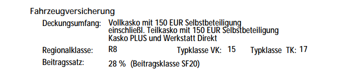 Kfz-Rechnung mit Fokus auf die Fahrzeugversicherung; im Ausschnitt sieht man den Deckungsumfang, die Regionalklasse und den Beitragssatz