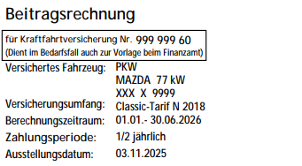 Kfz-Rechnung mit Fokus auf den allgemeinen Angaben; im Ausschnitt sieht man die Kraftfahrtversicherungsnummer