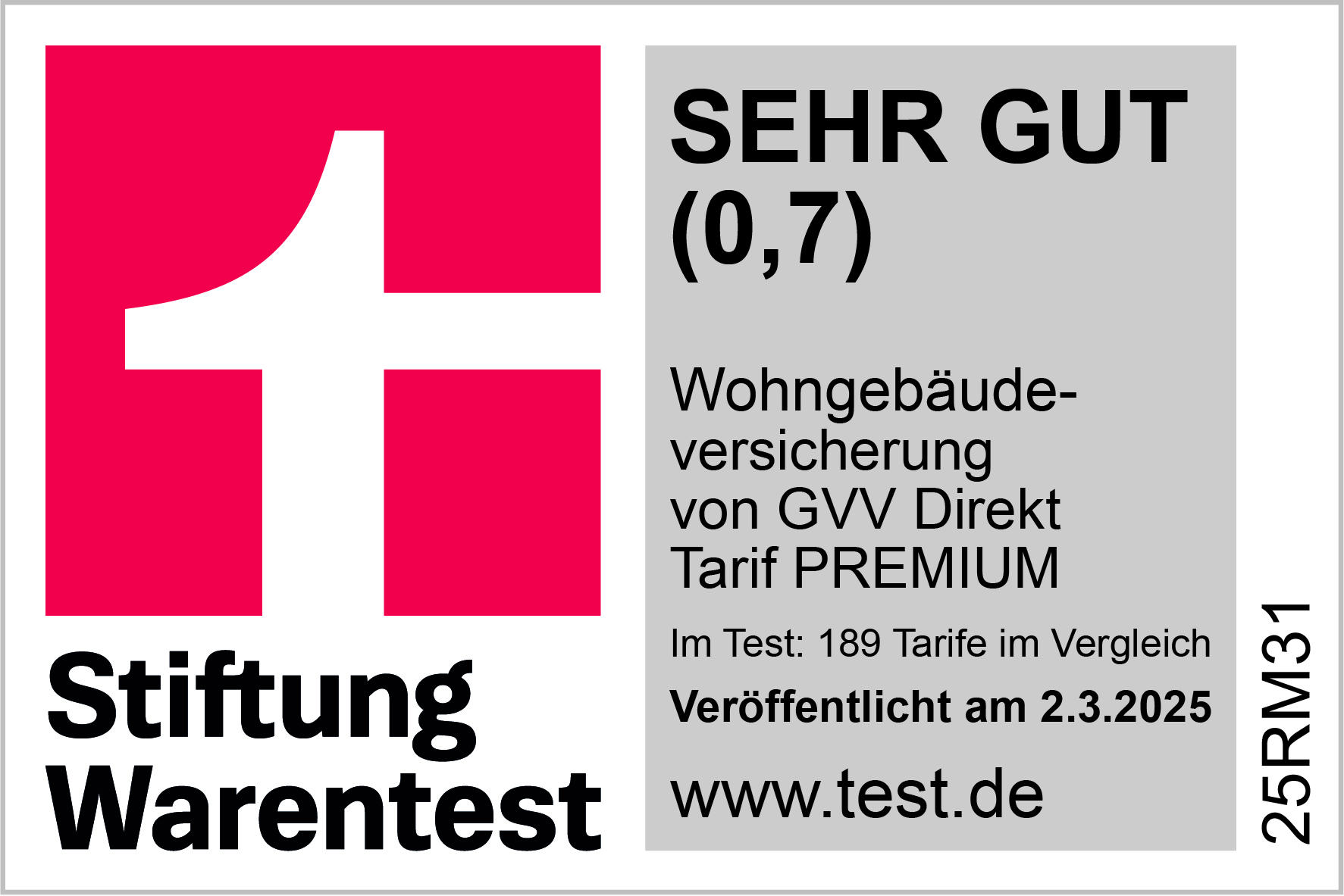Testsiegel Stiftung Warentest mit Note SEHR GUT 0,7 für den PREMIUM-Tarif der Wohngebäudeversicherung von GVV Direkt