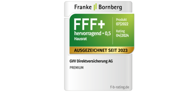 Testsiegel von Franke & Bornberg Testsiegel von Franke & Bornberg: Hausratversicherung im PREMIUM-Tarif von GVV Direkt ist seit 2023 ausgezeichnet mit der Note Hervorragend