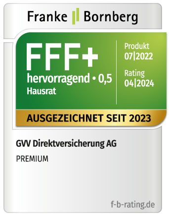 Testsiegel Franke & Bornberg mit der Höchstnote FFF+ für unseren PREMIUM-Tarif der Hausratversicherung
