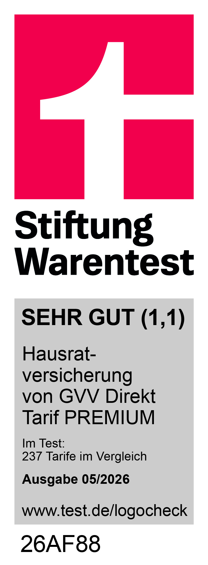 Testsiegel Hausrat von Stiftung Warentest mit Note SEHR GUT (1,1)