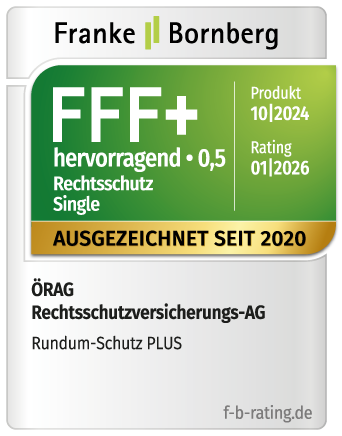 Testsiegel von Franke und Bornberg für den Rechtsschutz im Single-Tarif von Örag mit der Bestnote FFF+